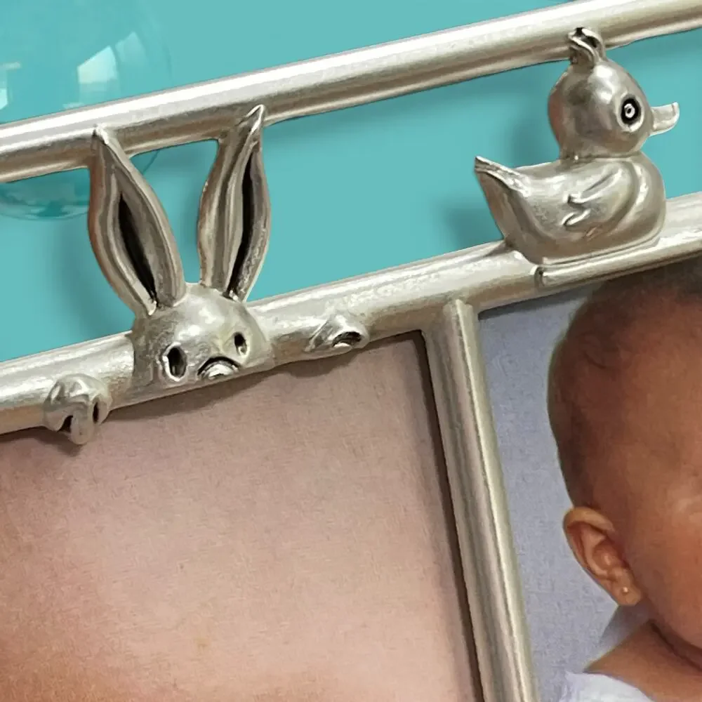 NIB Vtg. Baby Collage Picture Frame Silver Metal Nursery Duck Bunny Giraffe Lamb